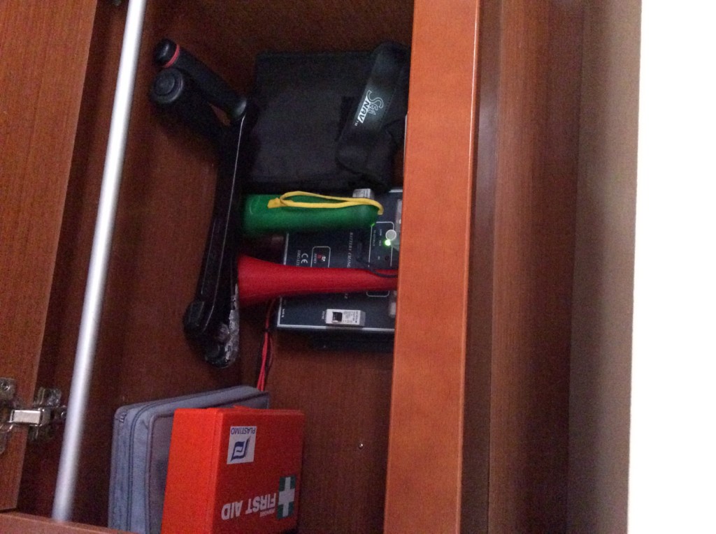 14 winch handle, binoculars, foghorn,first aid kit
