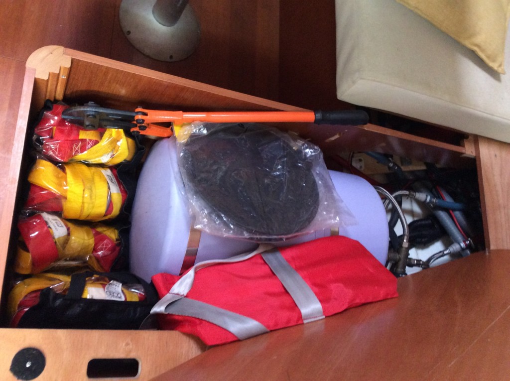 19 fire extinguishers, safety lines,bosun chair, black ball