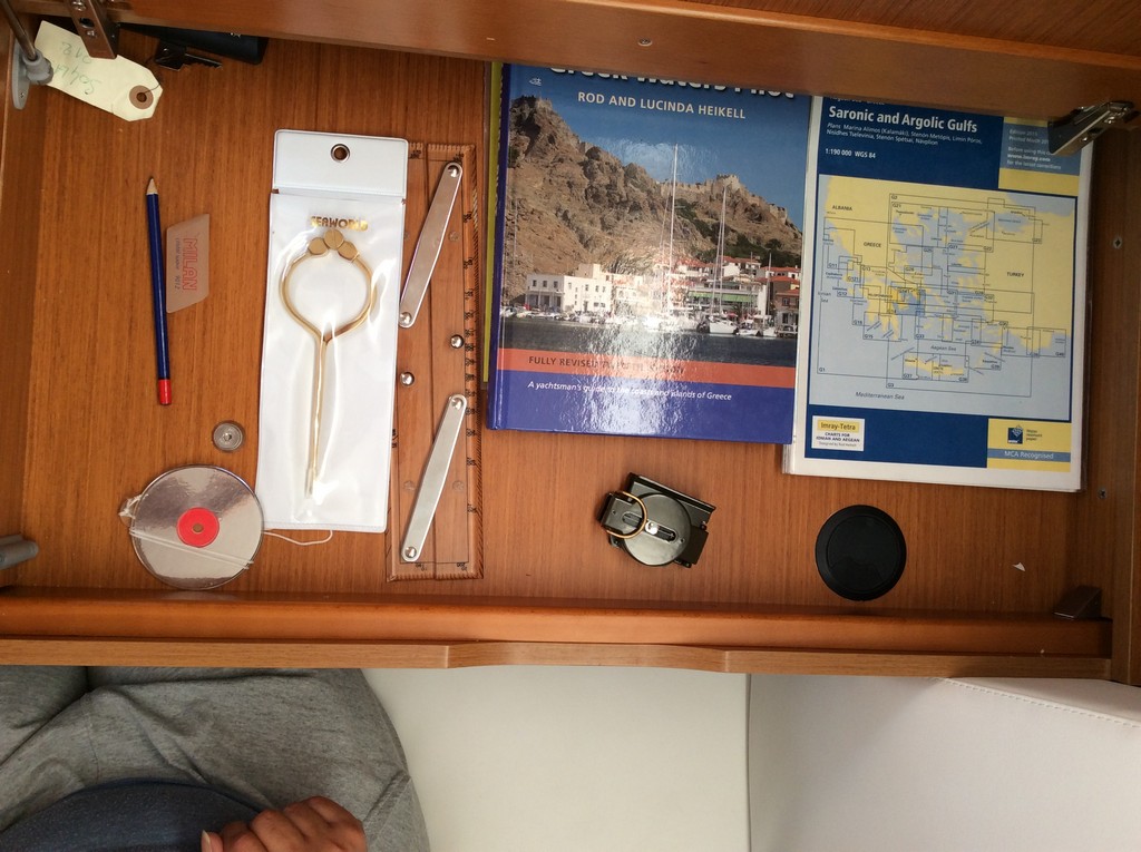 Greek water pilot, charts, divider, compass, navigation ruler