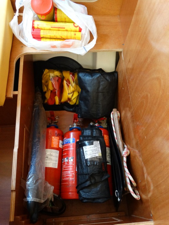 15 fire extinguishers, safety lines,bosun chair, black ball