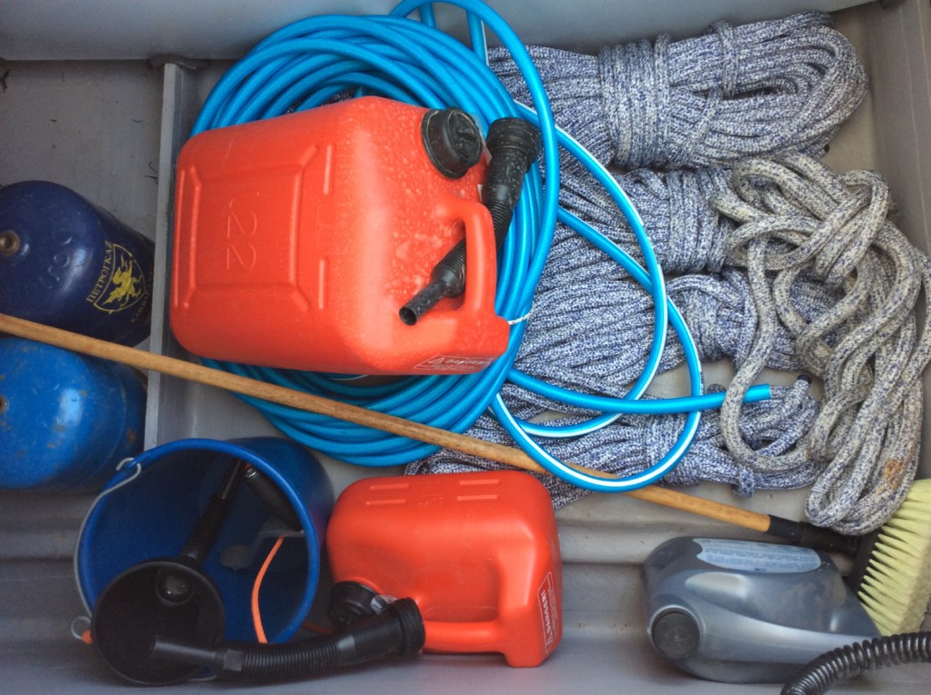 Jerrycan for fuel , engine oil, jerrycan for diesel fuel funnel,bucket,deck brush,ashortment of ropes,water hose,gas