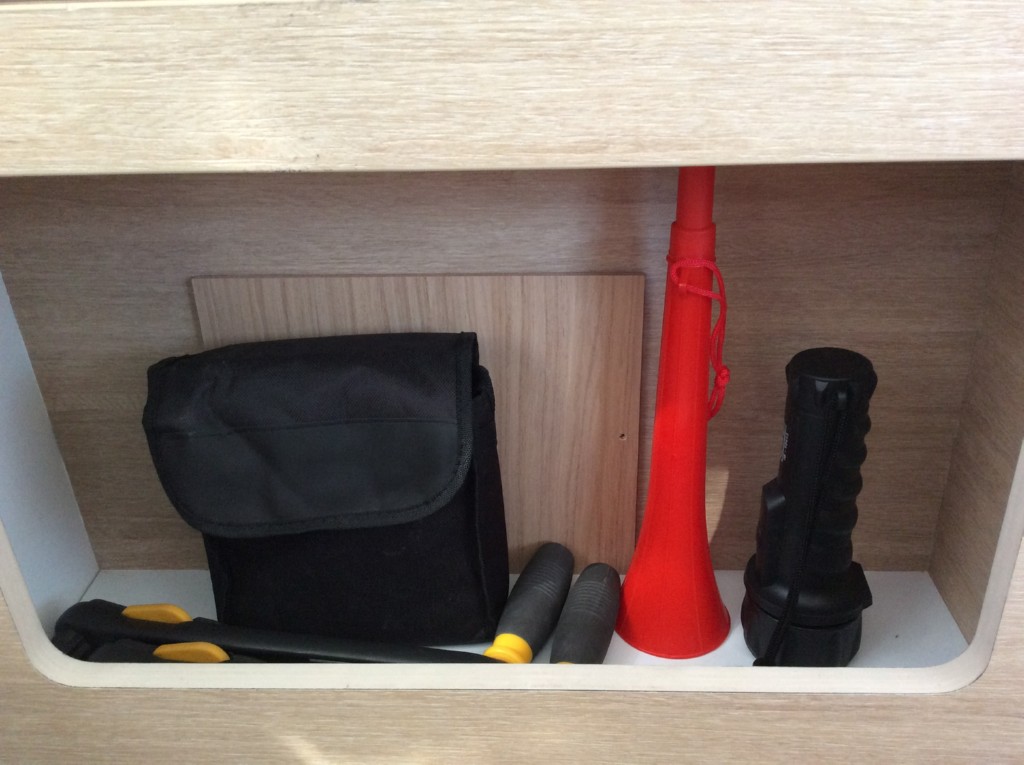 Torch, binoculars,fog horn winch handles