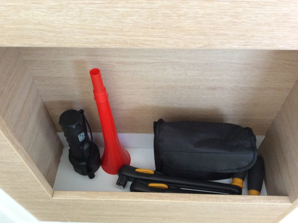 Torch, binoculars,fog horn winch handles