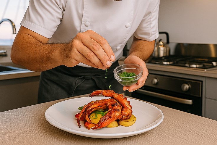 Private chef preparing seafood in the galley of a luxury catamaran