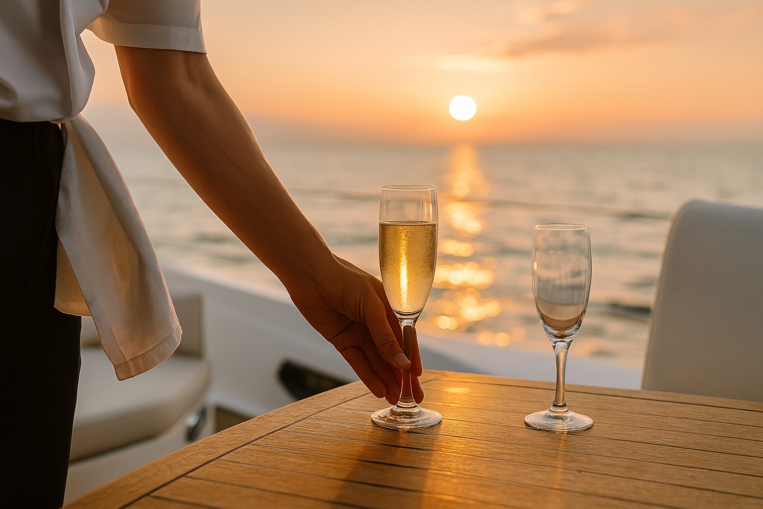 Hostess serving drinks on the aft lounge of a catamaran