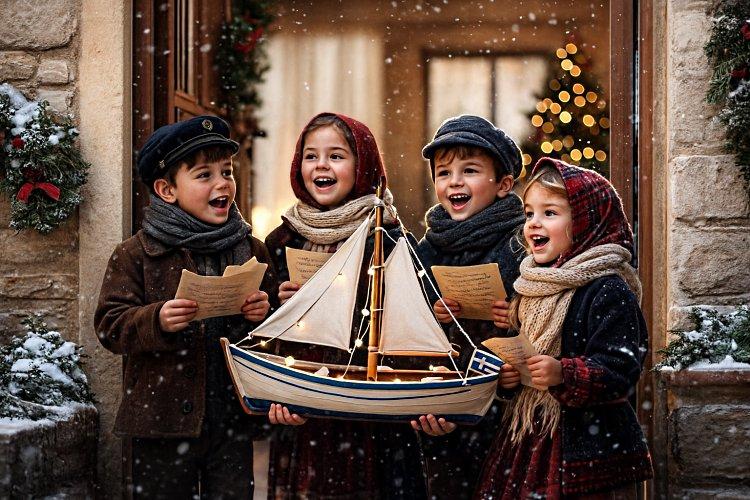 Children singing Greek Christmas carols while holding a wooden boat