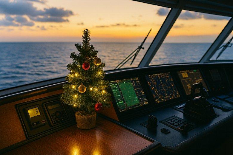 Small decorated Christmas tree on a ship's bridge at sunset